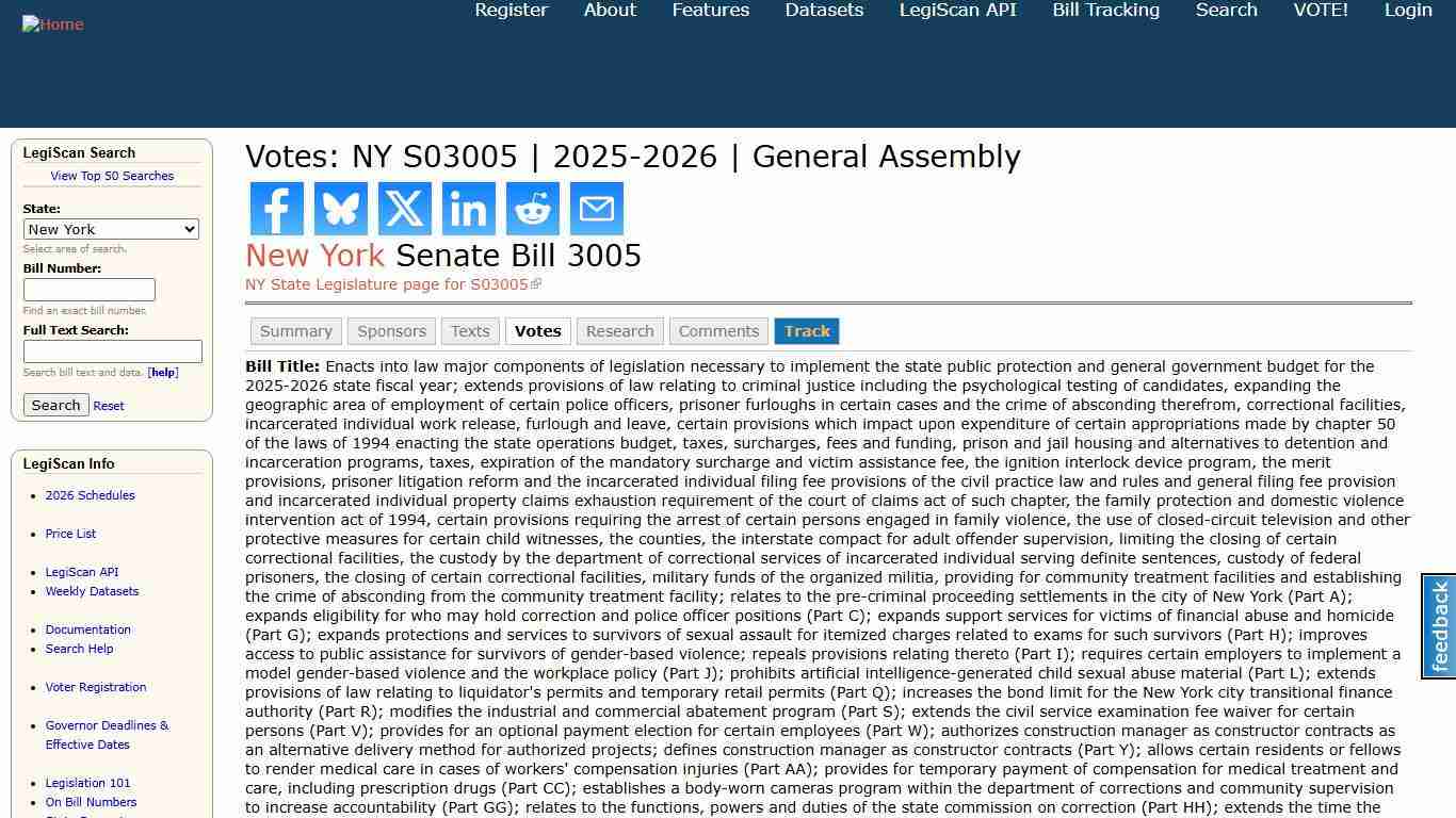 Votes: NY S03005 2025-2026 General Assembly LegiScan