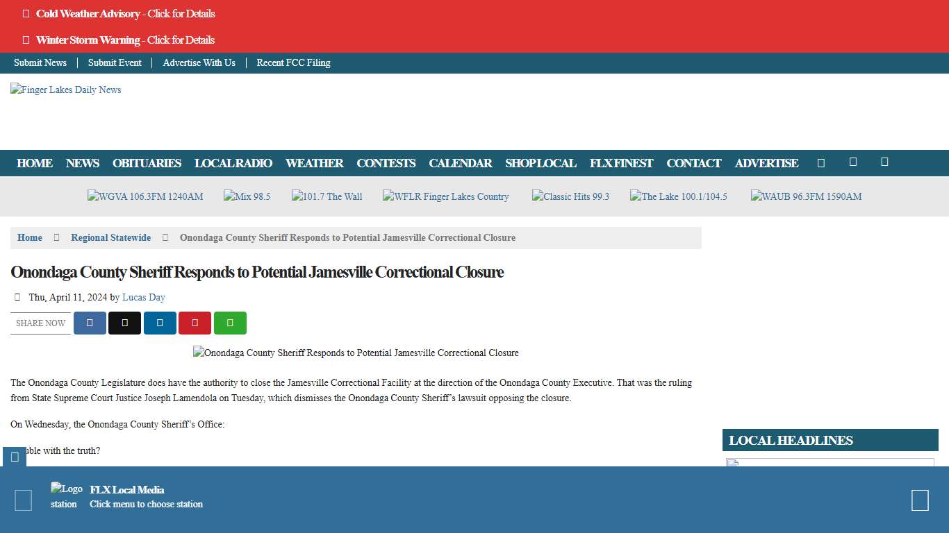 Onondaga County Sheriff Responds to Potential Jamesville Correctional Closure – Finger Lakes Daily News